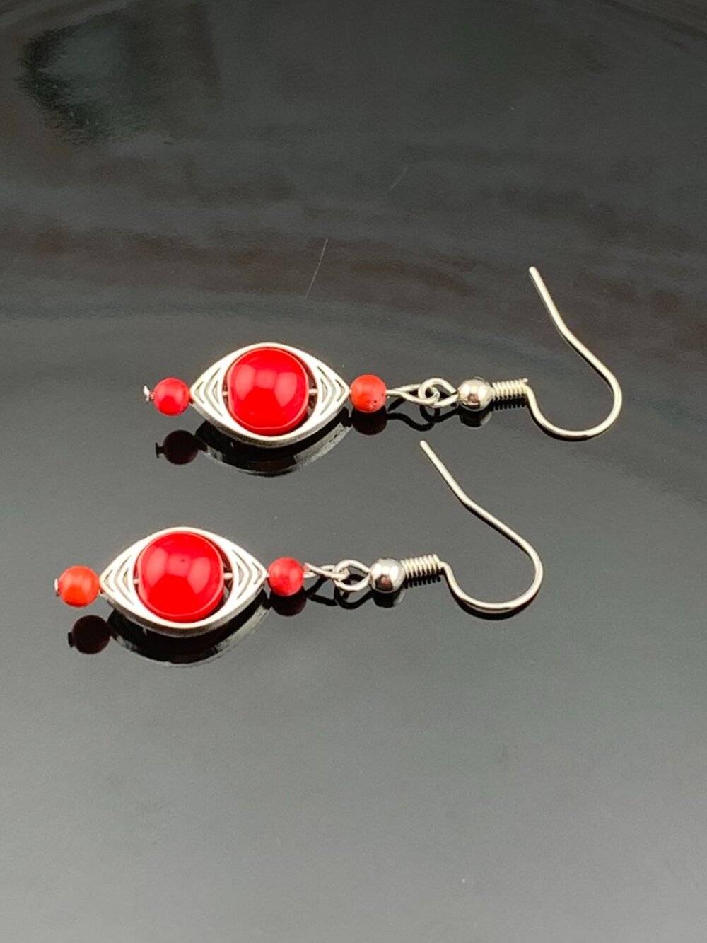 Red Bamboo Coral Bead Silver tone Handmade Handcrafted Earrings LR183